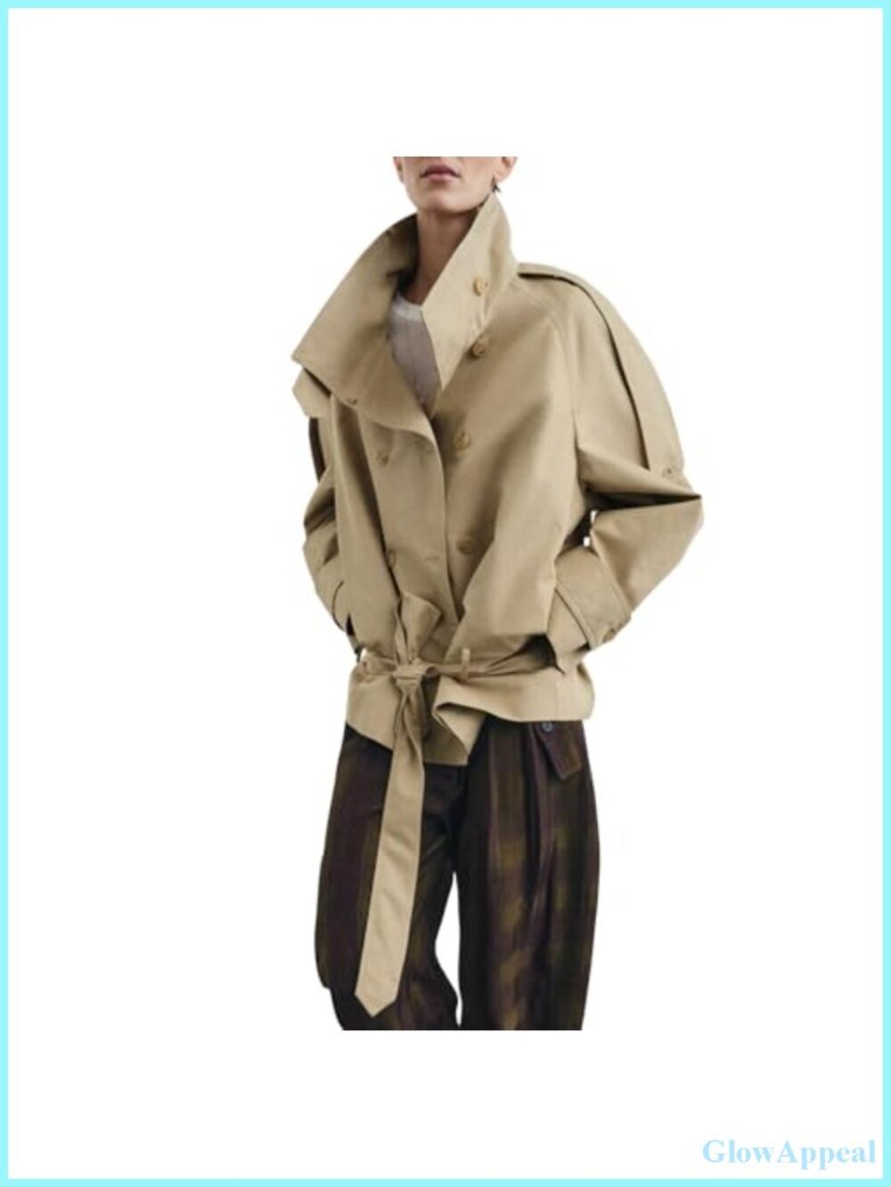 Women's Cropped Trench Coat Funnel Neck Double Breasted Short Jacket with Belt